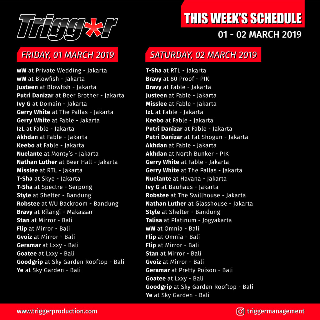 Schedule DJs & MCs 01 – 02 March 2019