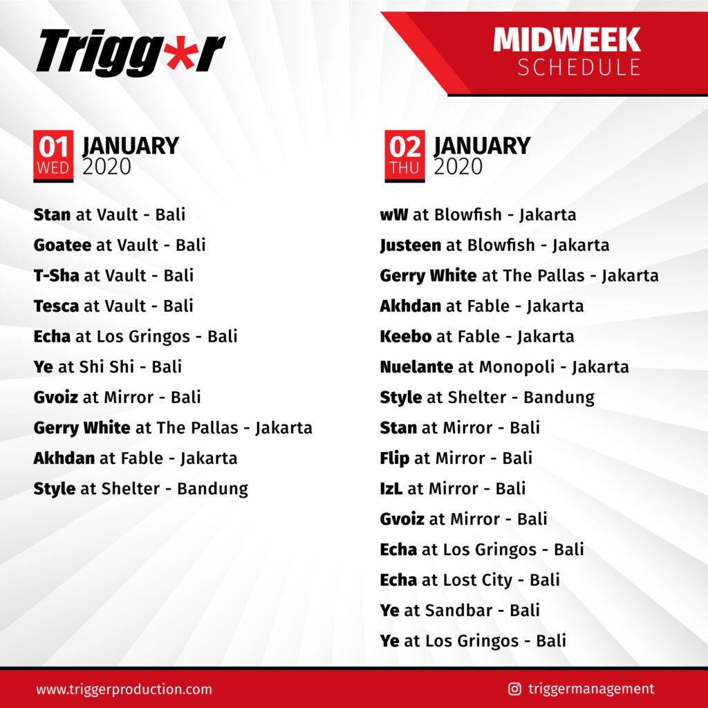 SCHEDULE DJS & MCS 01 – 02 January 2020