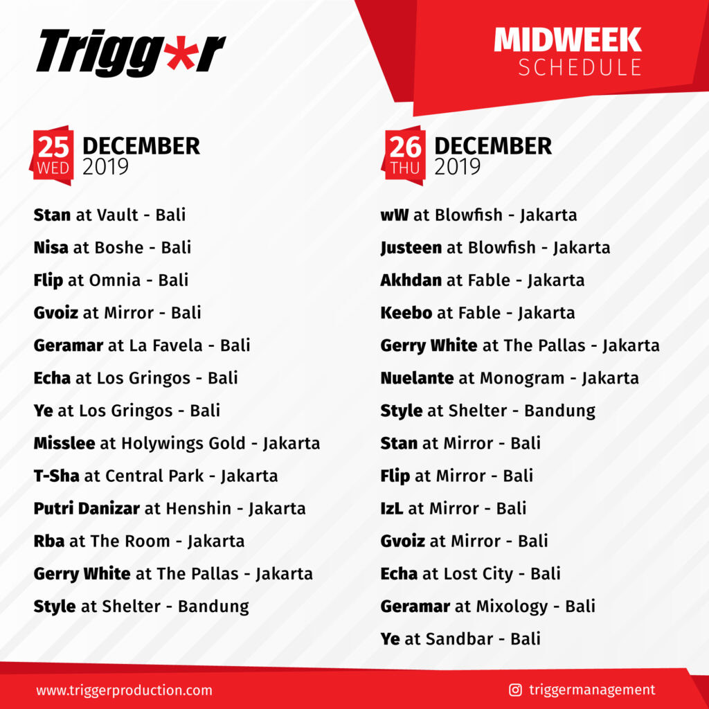 SCHEDULE DJS & MCS 25 – 26 December 2019